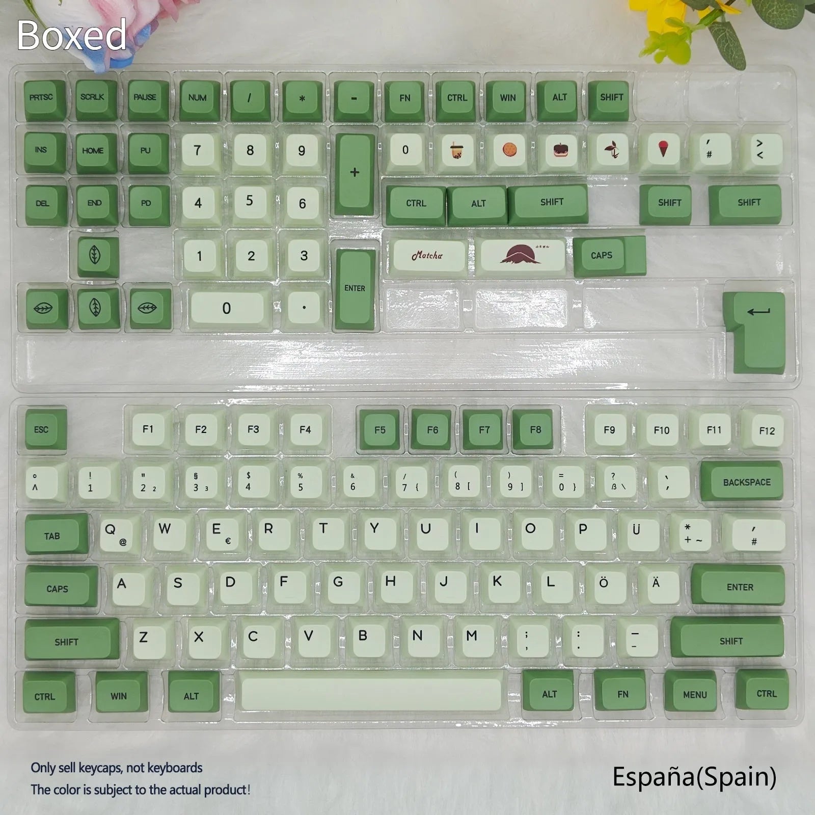 124 PBT dye-sublimation keycap set in matcha green colour on a keyboard.