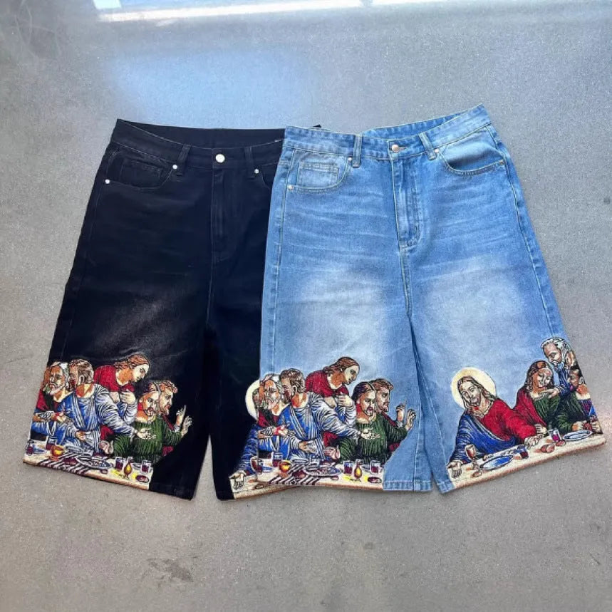 Men's blue cotton shorts with Jesus print on back pocket showing tapered fit design