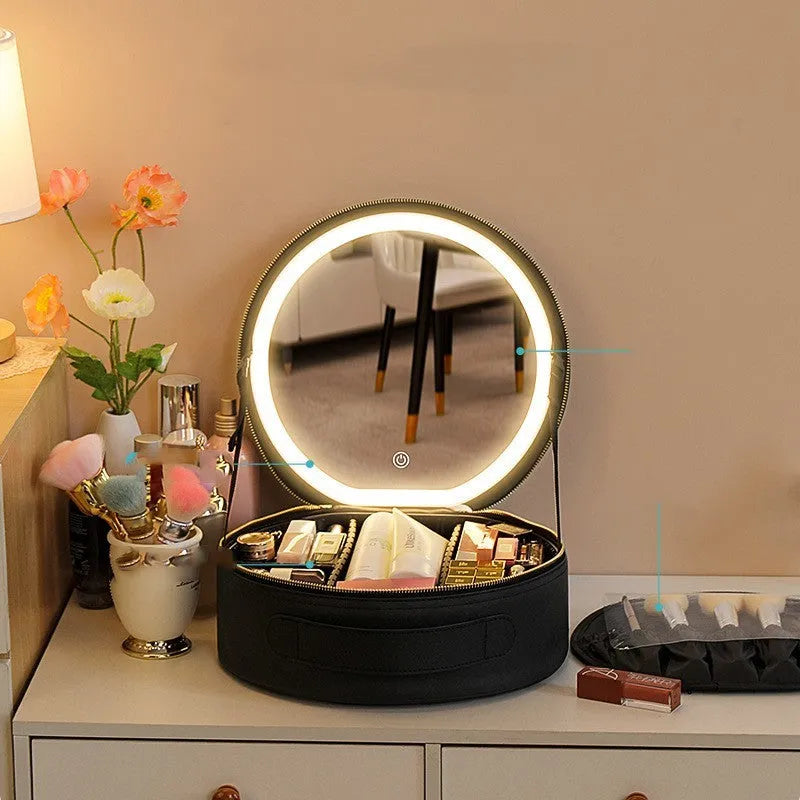 Round Cherry Blossom Pink LED makeup bag with mirror open, showing internal compartments and adjustable lights.