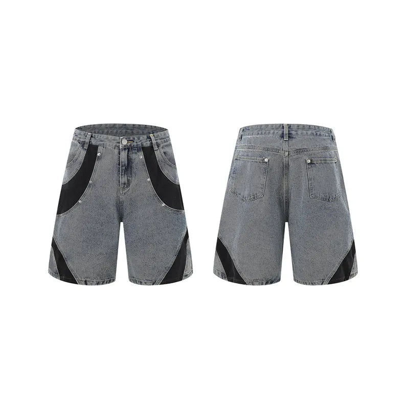 Retro washed denim short-sleeved jacket and full-length trousers co-ord set in blue.