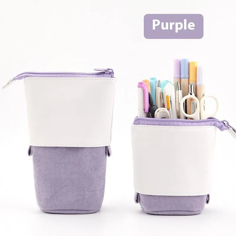 Korean-style telescopic stationery case in soft corduroy, shown in multiple colour options.