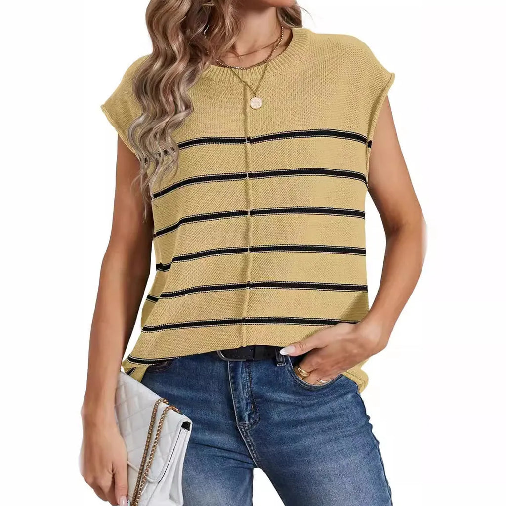 Women's striped sleeveless pullover vest in acrylic fabric on a hanger.