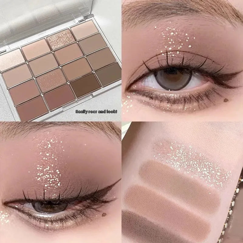 16 colour eye shadow palette with crouching silkworm design showing pink and brown shimmer matte shades