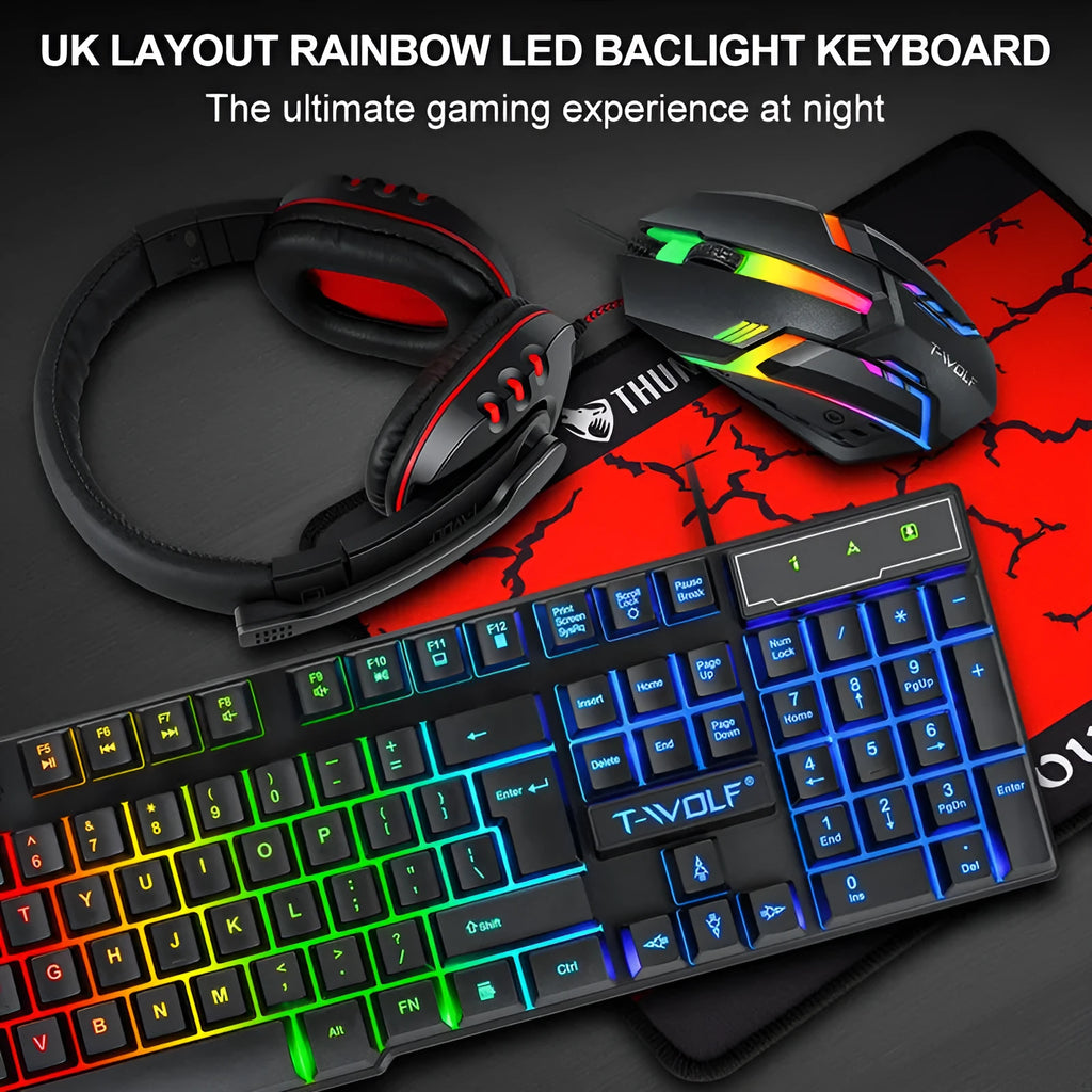 Thunder Wolf T800 gaming keyboard mouse headset combo set with mouse pad on desktop