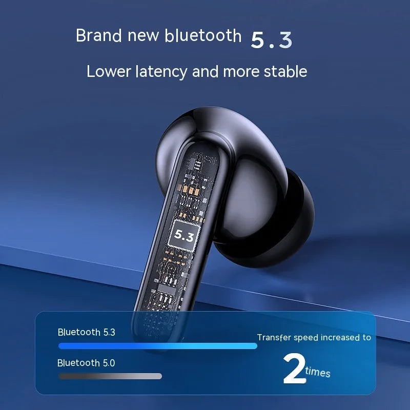 Wireless Bluetooth V5.3 in-ear headphones with ENC noise reduction, white colour, industrial style, digital display charging case