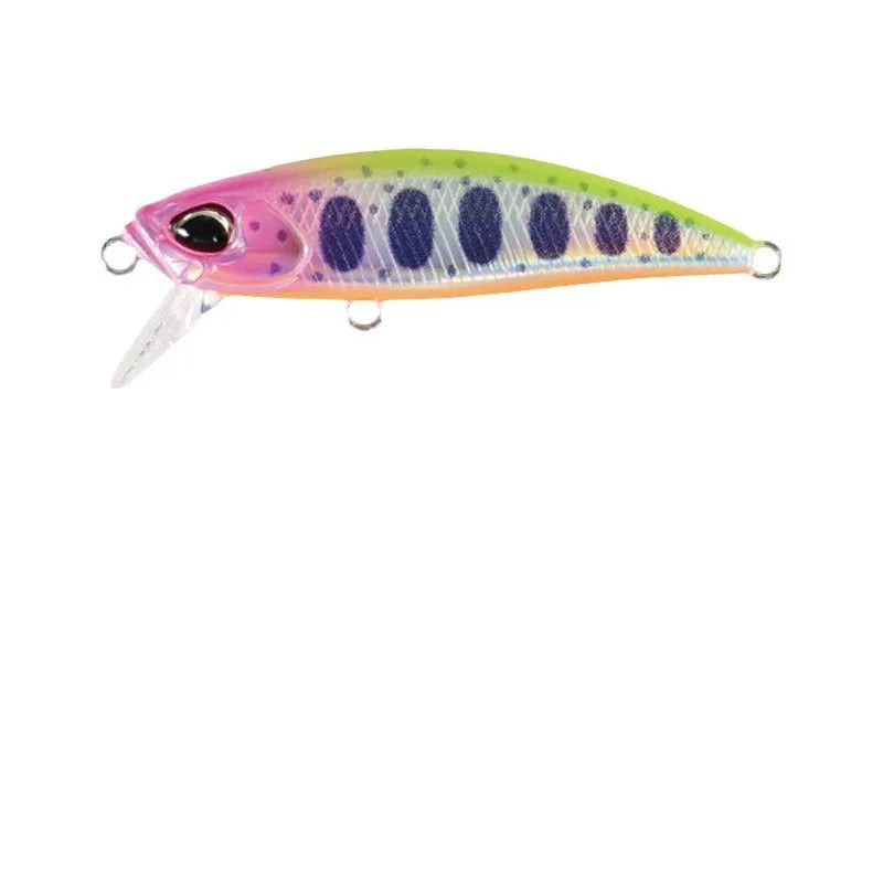 Tossing Japanese Submerged Mino hard fishing lure in multiple colours, showing 48mm size and detailed minnow shape.