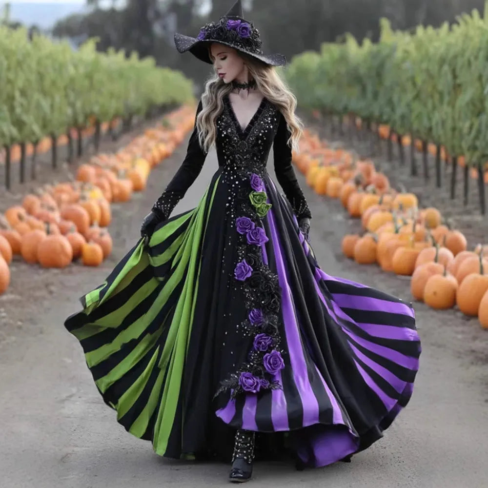 V-neck long sleeve swing dress in green and purple with asymmetric hem, women's pullover style