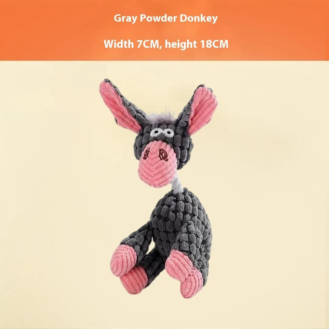 Soft plush puppy toy in character styles including a rechargeable duck, a donkey, a blue elephant, a vertigo dog, and a winky elephant.