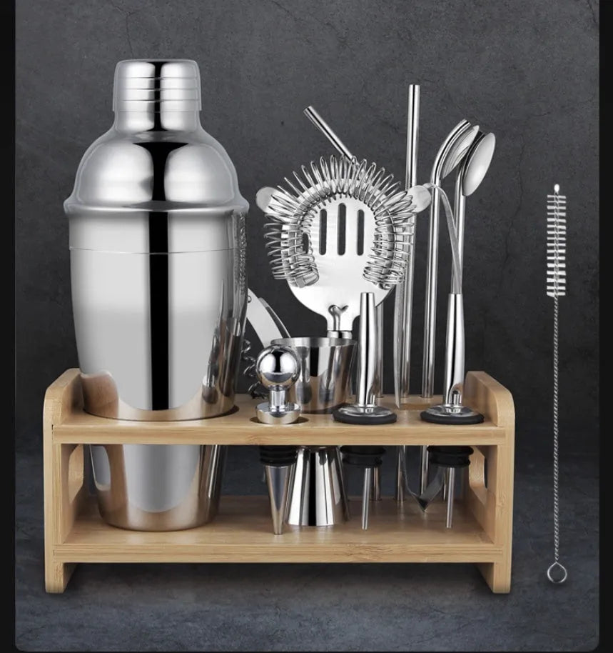23-piece European-style cocktail set with stainless steel and acrylic bar tools including shaker and jigger.
