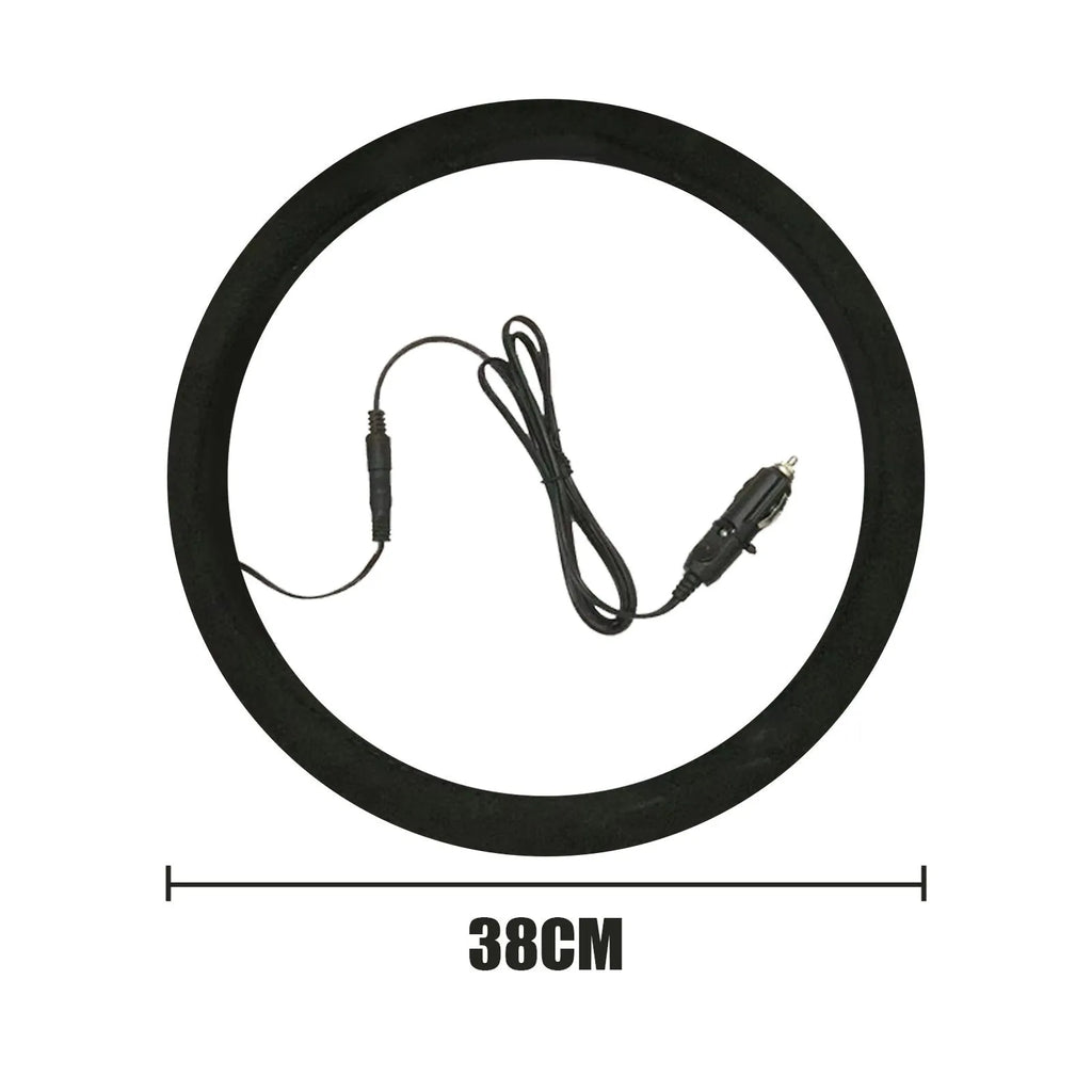 Black suede automobile steering wheel heating sleeve with power lines