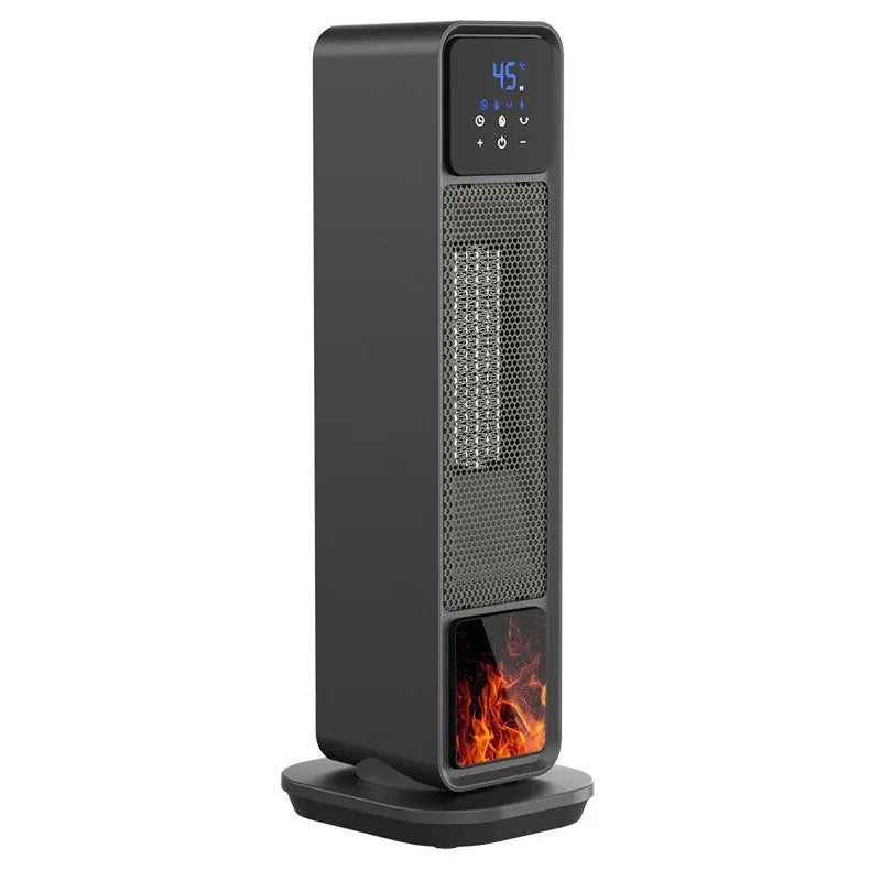 Black standing electric heater with remote control, 2200W ceramic heating, shaking head, timer over 8 hours