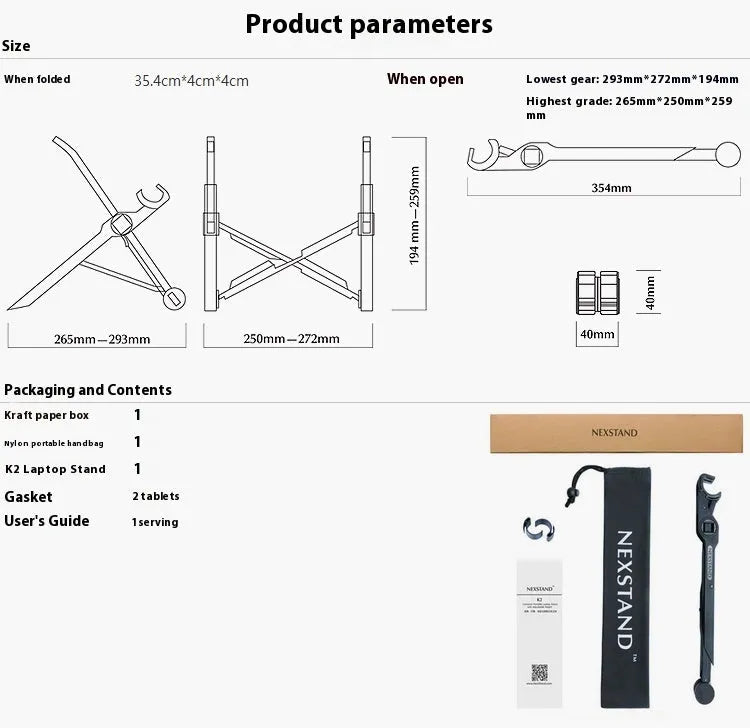 Black foldable enhanced nylon laptop stand shown open next to its portable carry bag.