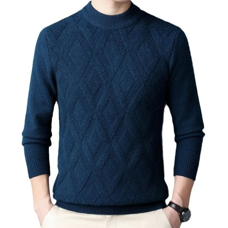 Men's diamond jacquard winter sweater in light camel colour, wool blend fabric
