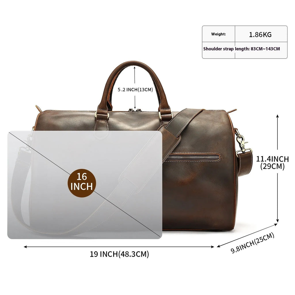 Men's genuine leather crossbody bag showing vintage design with substantial 48.3cm width dimensions