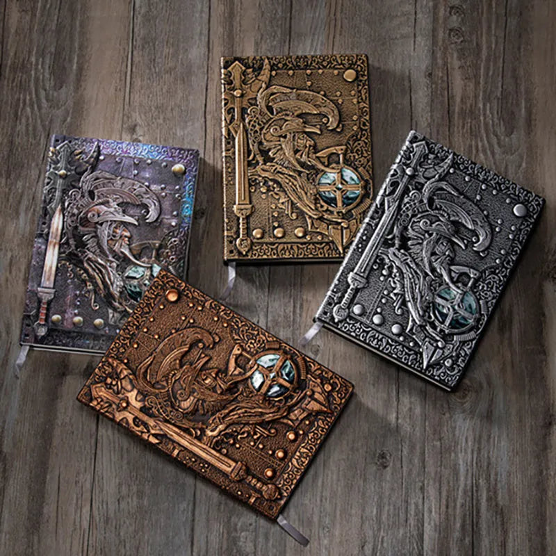 A5 leather notebook with embossed 3D warriors design on the cover, shown in a choice of colours.