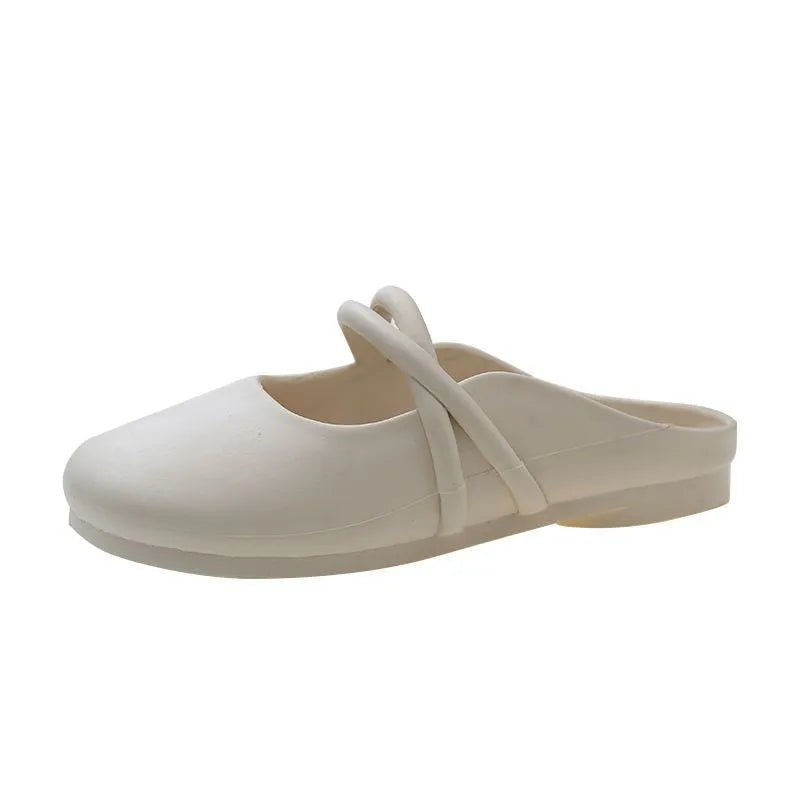 Women's black plastic toe cap flip-flop sandals on a white background.