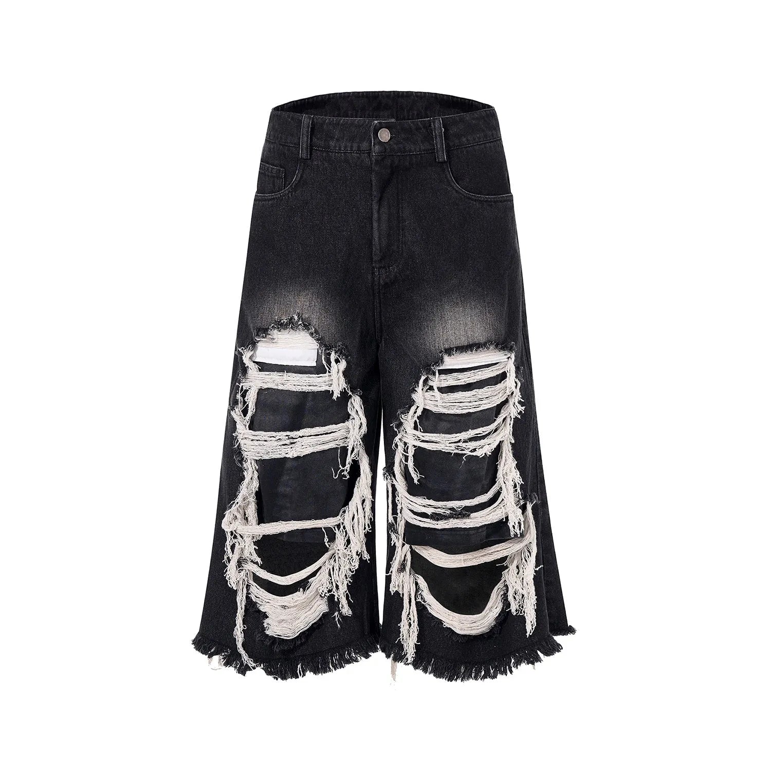 Black women's cropped wide-leg jeans with a mid-high waist and ripped patch details on a loose fit.