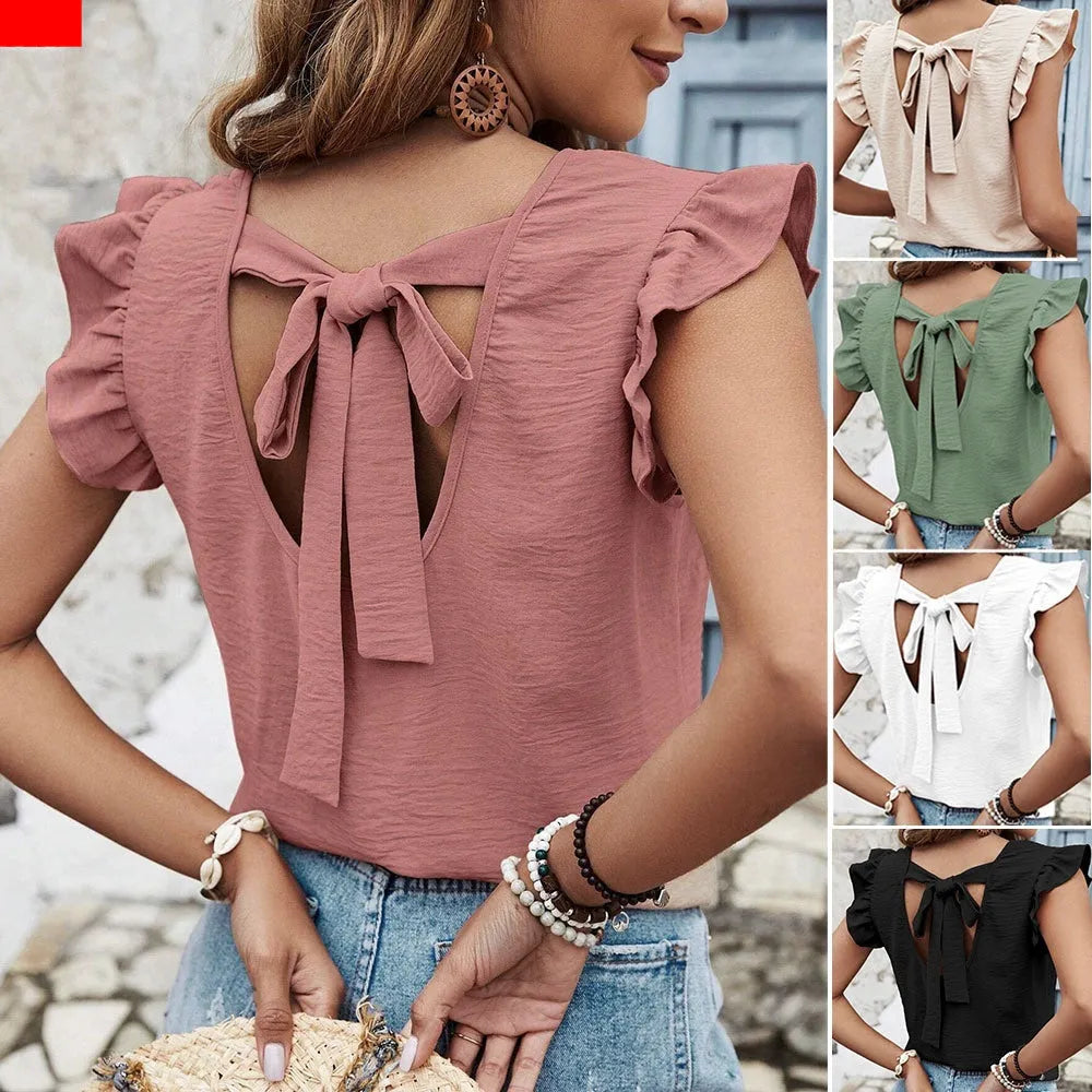 Women's solid colour round neck pullover blouse with ruffled sleeves in apricot colour, loose fit style