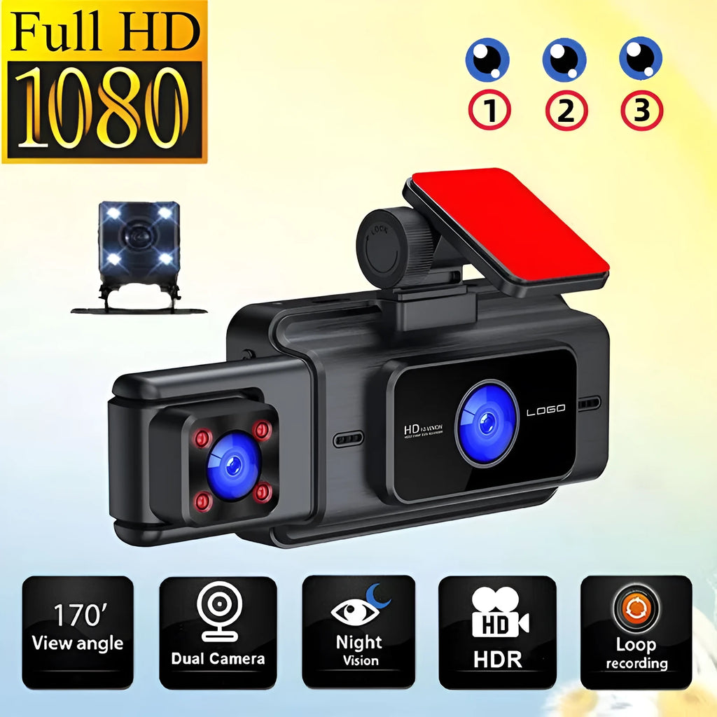 Black 3 lens car dash cam with 3 inch screen, shown mounted on a vehicle windshield.