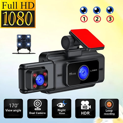 Black 3 lens car dash cam with 3 inch screen, shown mounted on a vehicle windshield.