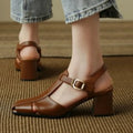 Hollow retro closed toe chunky heel sandals for women in black leather with rubber sole, size 35-40