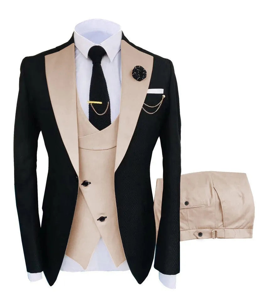 Men's slim fit cotton business three-piece suit including coat, vest, and trousers