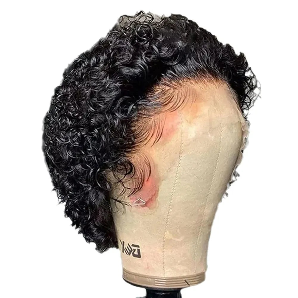 Black lace front wig cap with short, styled 13x1 colour human hair in a natural pixie cut.