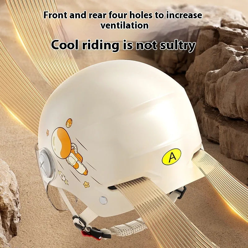 Khaki coloured half helmet for adults on an electric scooter, featuring a long mirrored visor.