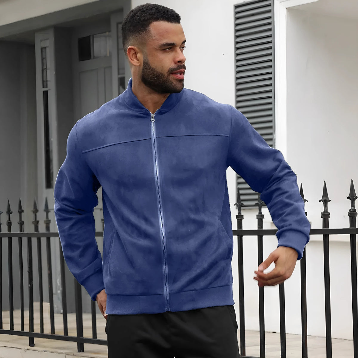 Men's suede flight jacket in solid colour with long sleeves, round hem, and punk style