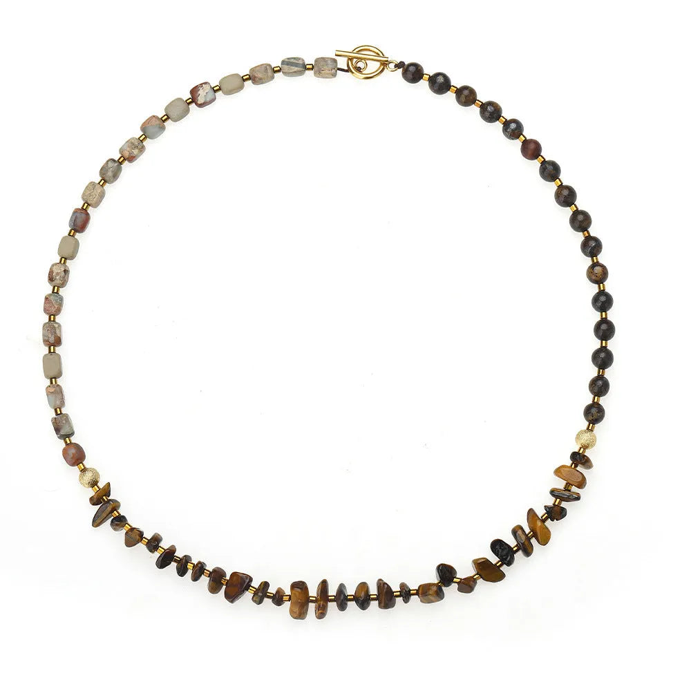 Tigereye stone and bronze geometric bracelet with texture details and bends design
