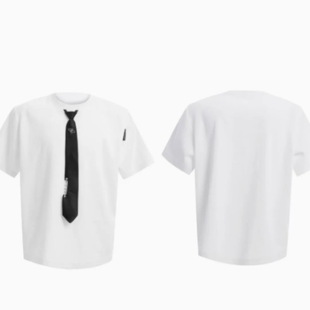 Niche tie stitching short sleeve solid colour loose fit top with metal decoration, black, front view