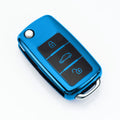 VW Model A car key case in blue, pink, red, and silver colours, showing TPU protective shell for three keys.