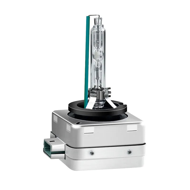 Xenon automotive headlight bulb with aluminium alloy shell and quartz tube, showing D1S and D1R base types.