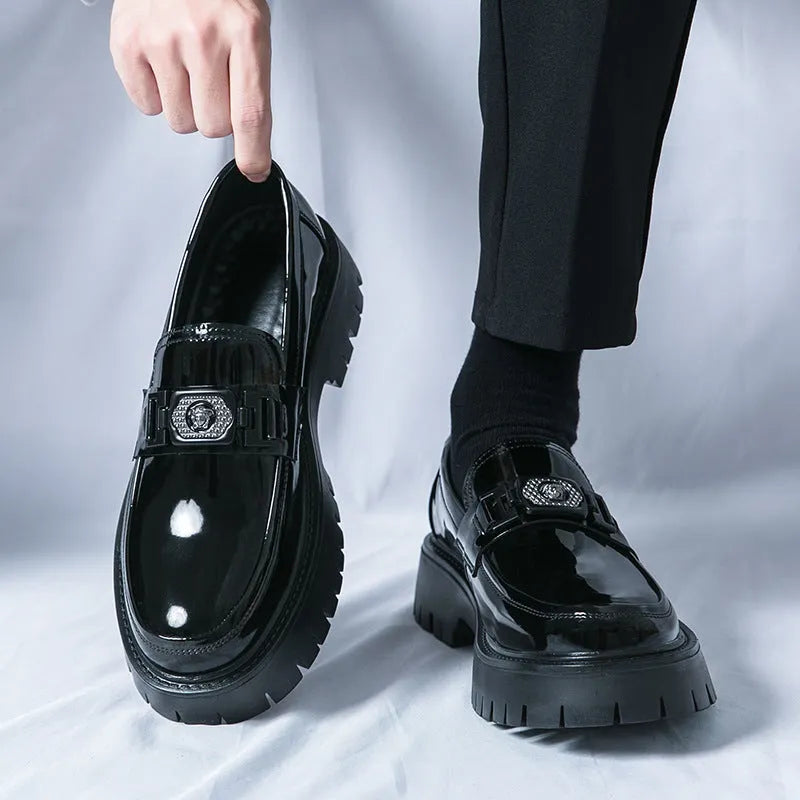 Men's black glossy PU leather platform loafers with a low heel for summer.