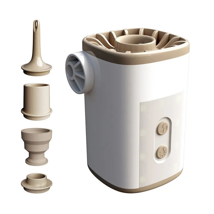 Portable mini motor pump in khaki white with USB cable and three air nozzles on a camping table