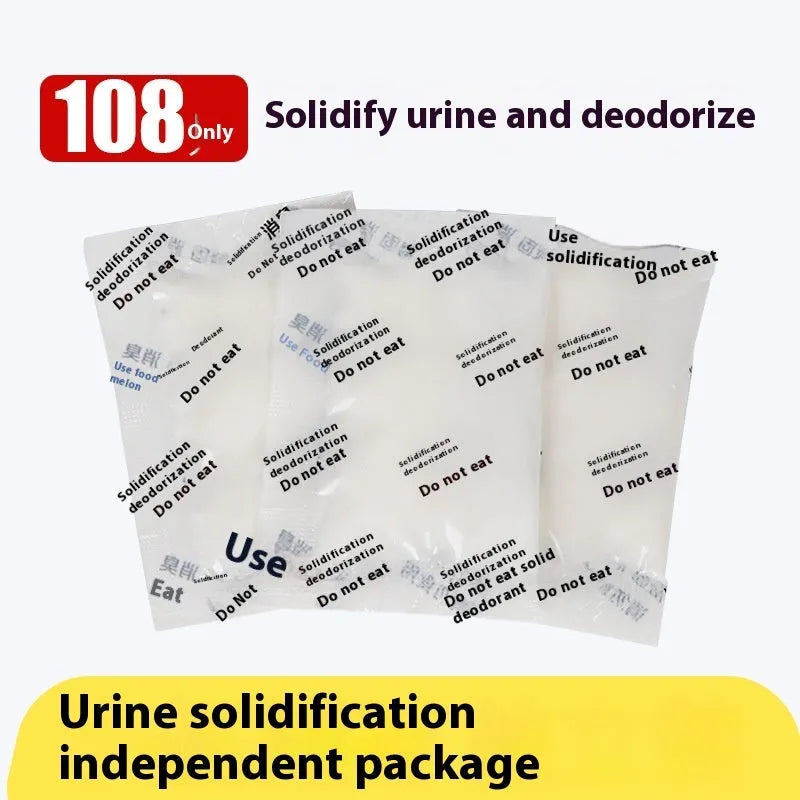 Emergency urine coagulant kit with curing agent packs and a roll of black disposable bags.