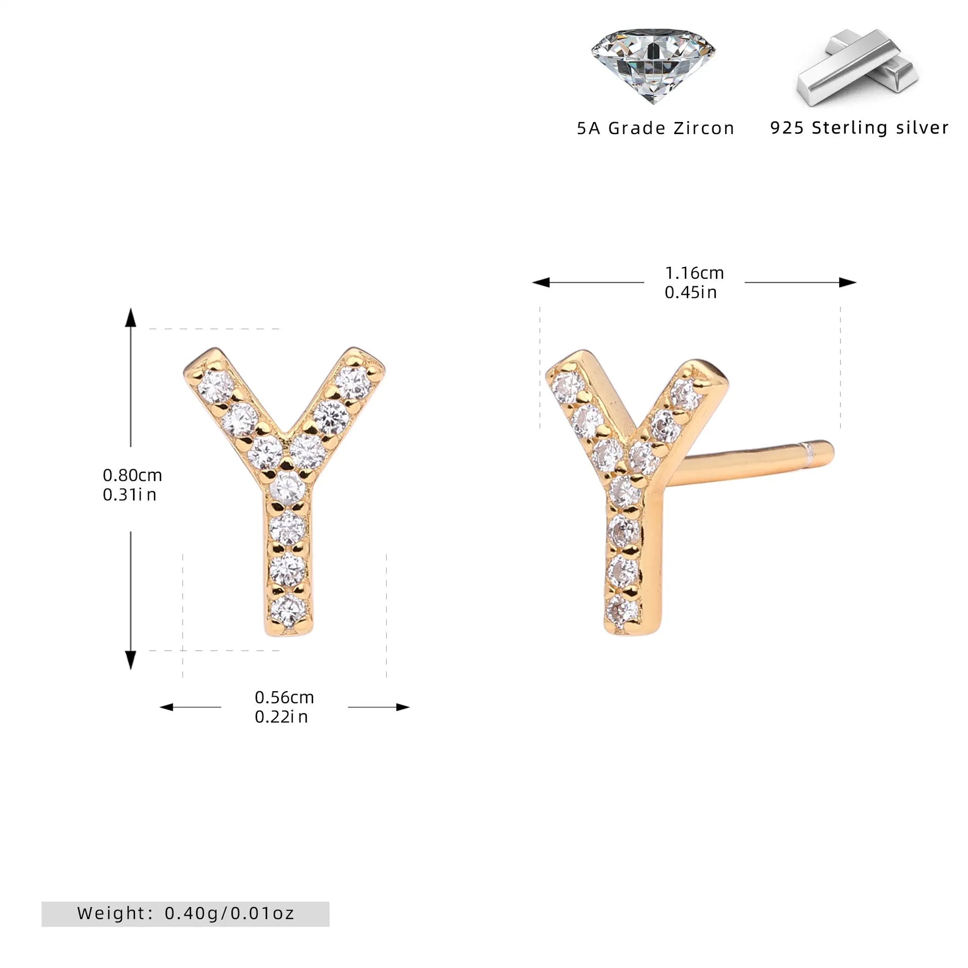 925 silver letter ear studs in gold electroplated finish with initial letter A