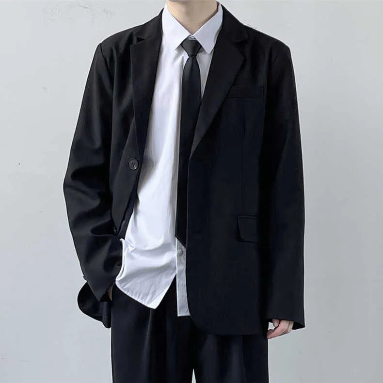 Men's plus size three-piece college style suit set featuring a grey jacket, trousers, white shirt, and striped tie.