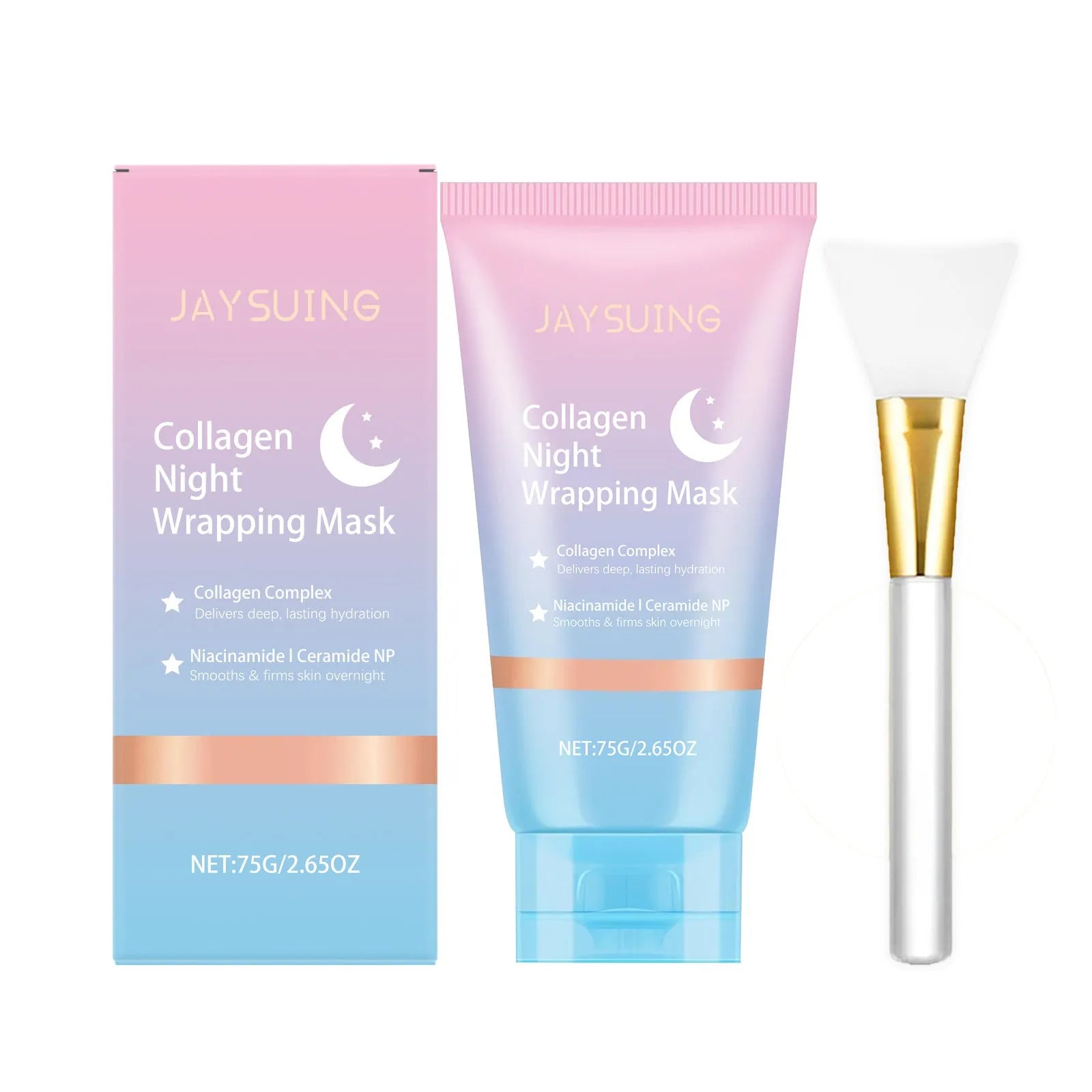Collagen night wrapping mask set with brush tool in 75g packaging for overnight facial treatment