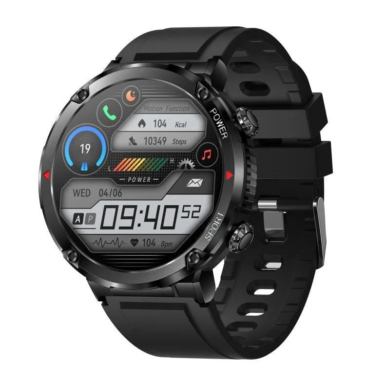 T30 smart watch with black silicone strap showing health stats on a circular 52mm screen.
