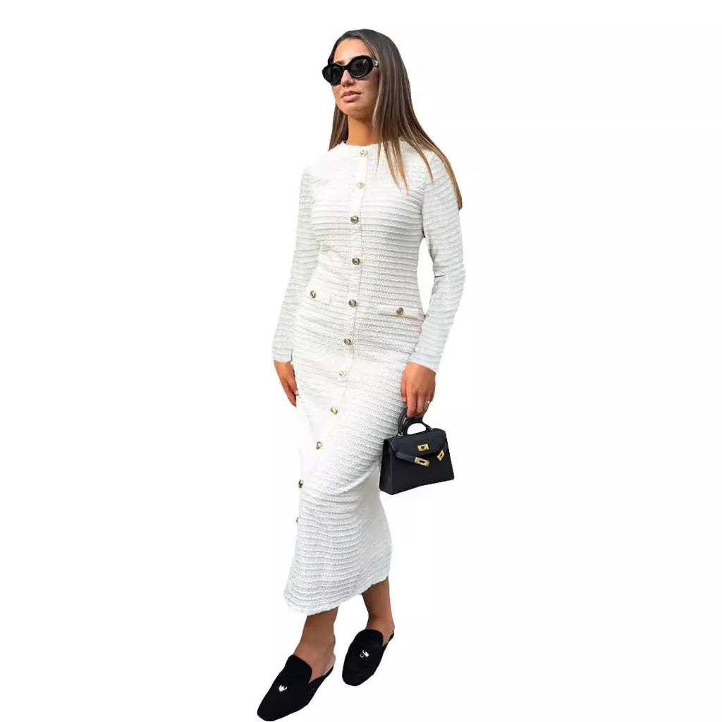 French retro slim fit knitted long-sleeved dress with button detailing and one-step skirt