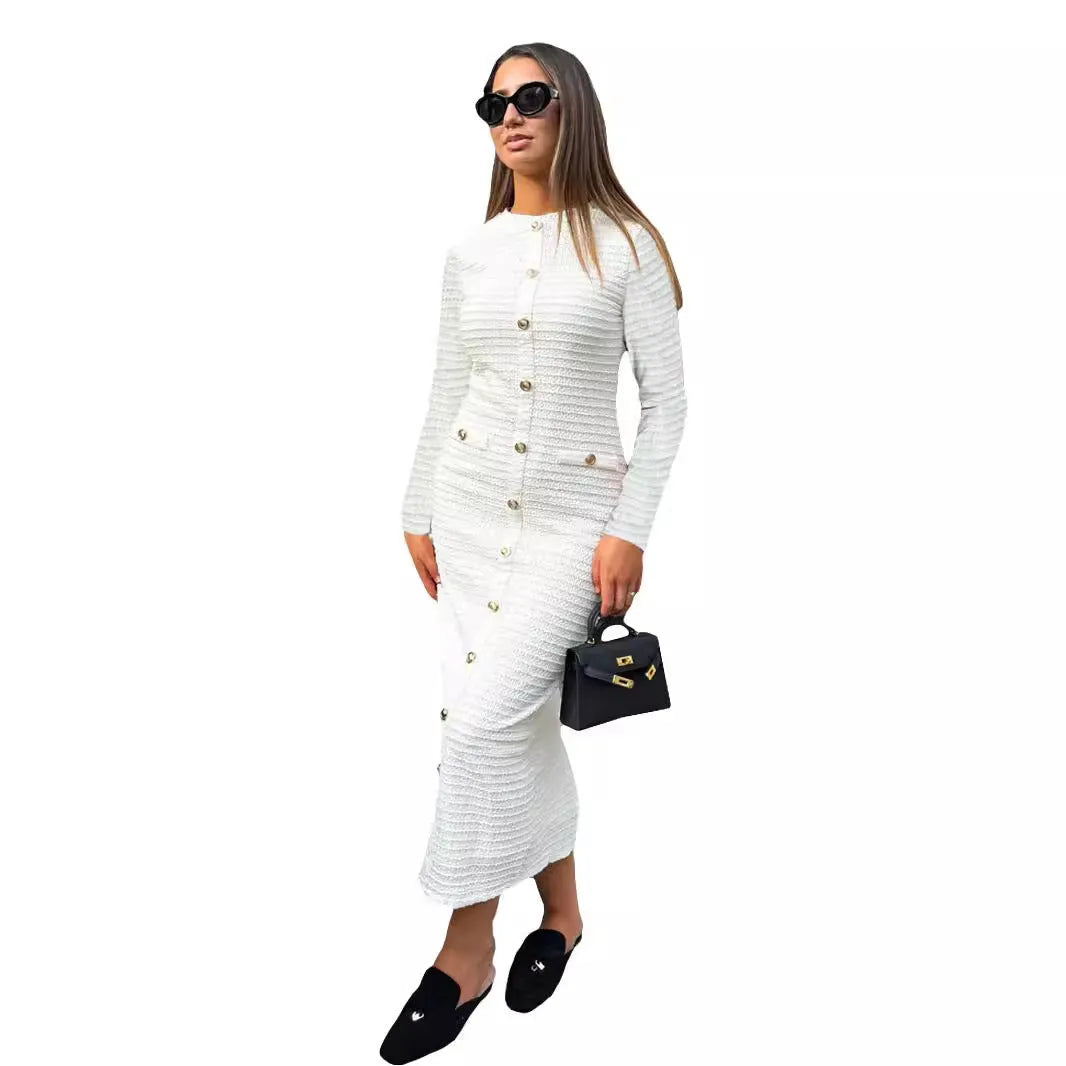 French retro slim fit knitted long-sleeved dress with button detailing and one-step skirt