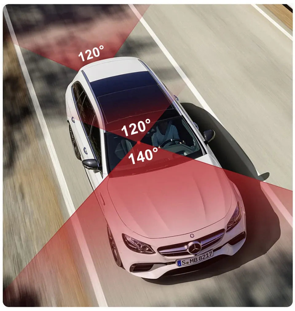 Black three-lens car dash cam with touch screen display, shown with car power cable