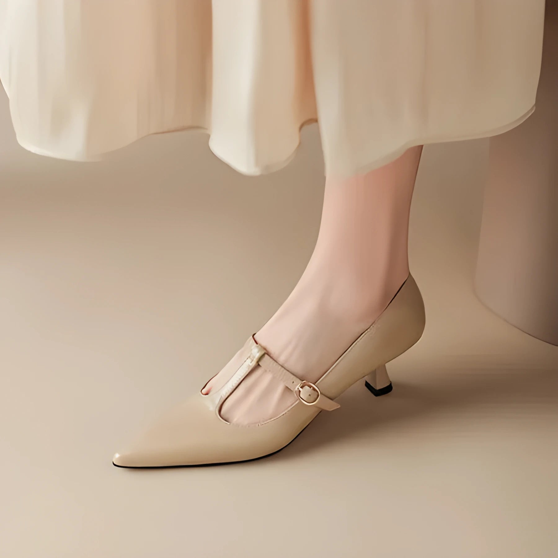 Women's genuine leather square toe high heels with 6-8cm heel in black, apricot or red colour options
