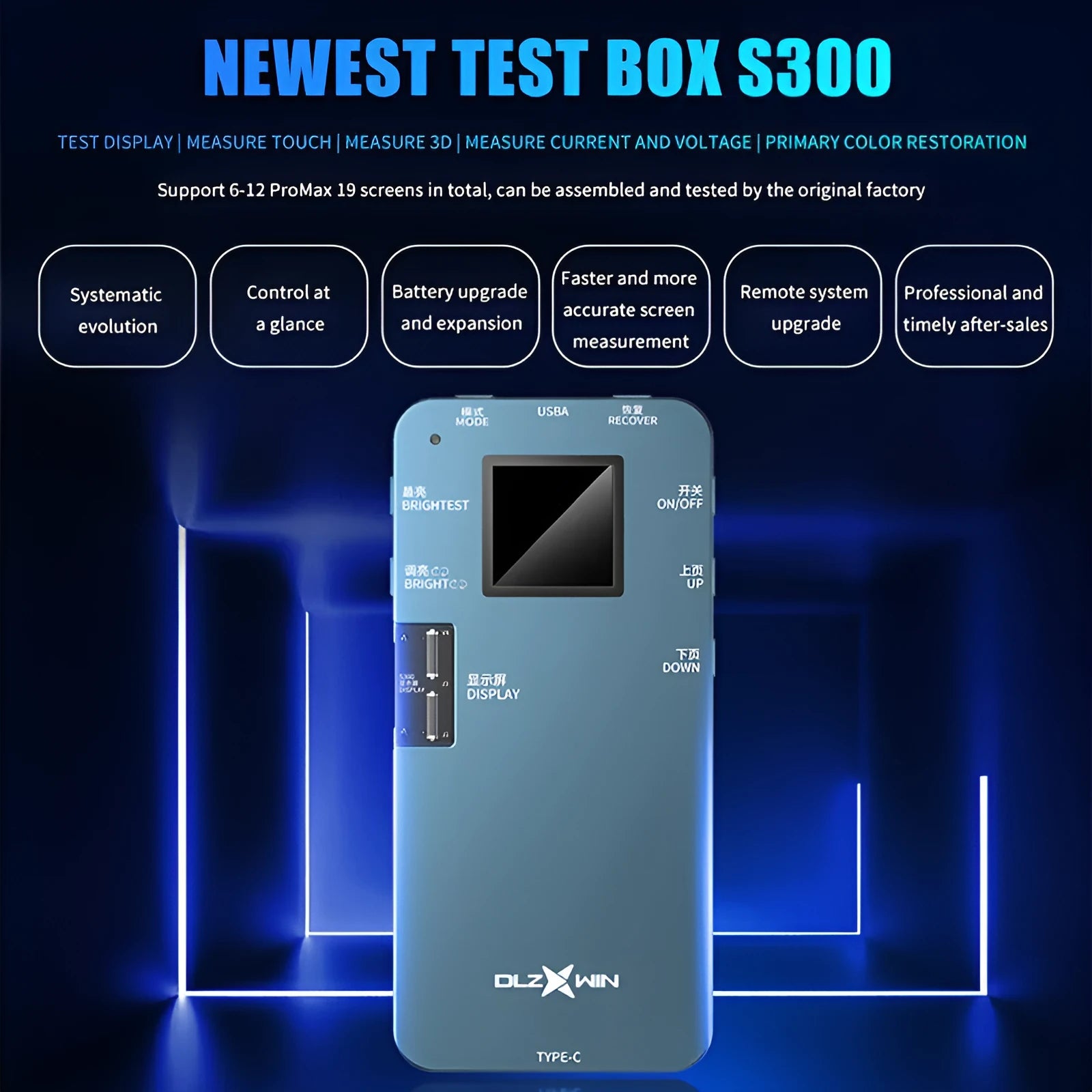 S300 model mobile phone screen tester for Huawei devices on a workshop bench.