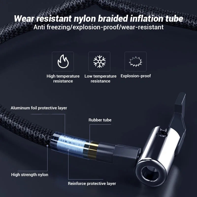 Wireless digital display car tyre inflator pump with hose and nozzles on a grey background