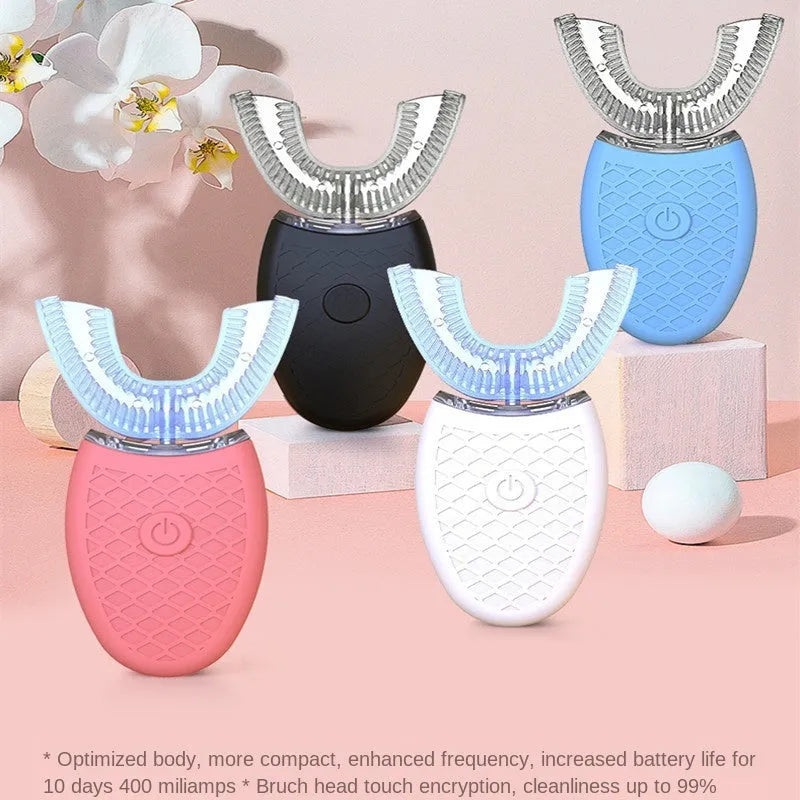 U-shaped electric toothbrush with ABS silicone construction, IPX7 waterproof, and USB rechargeable battery
