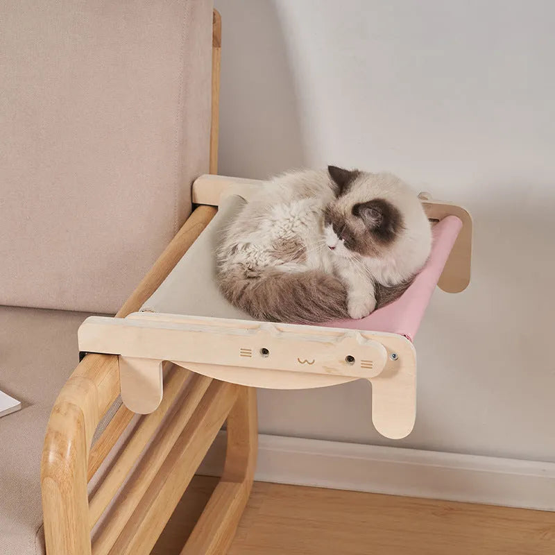 Solid wood cat bed with removable cushion in grey pink colour option