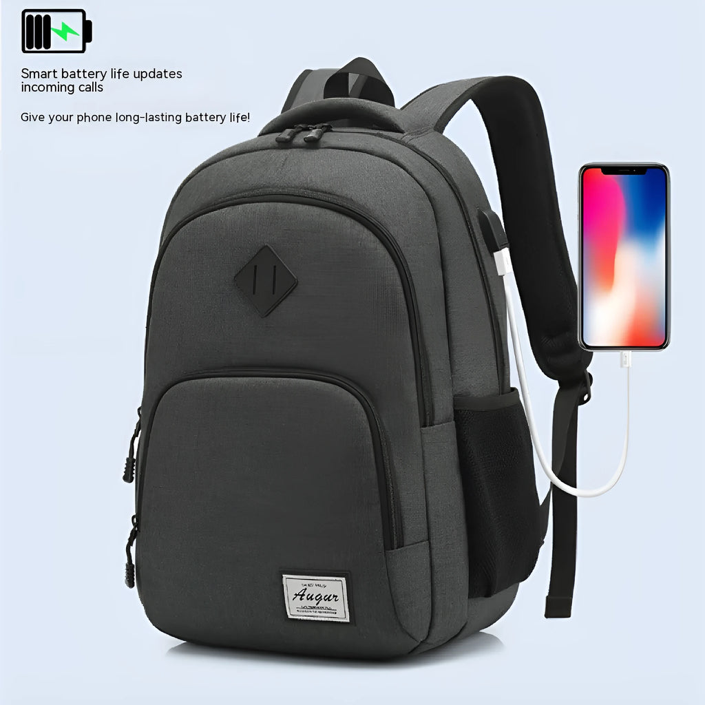 Black nylon backpack with USB charging port and trolley case straps