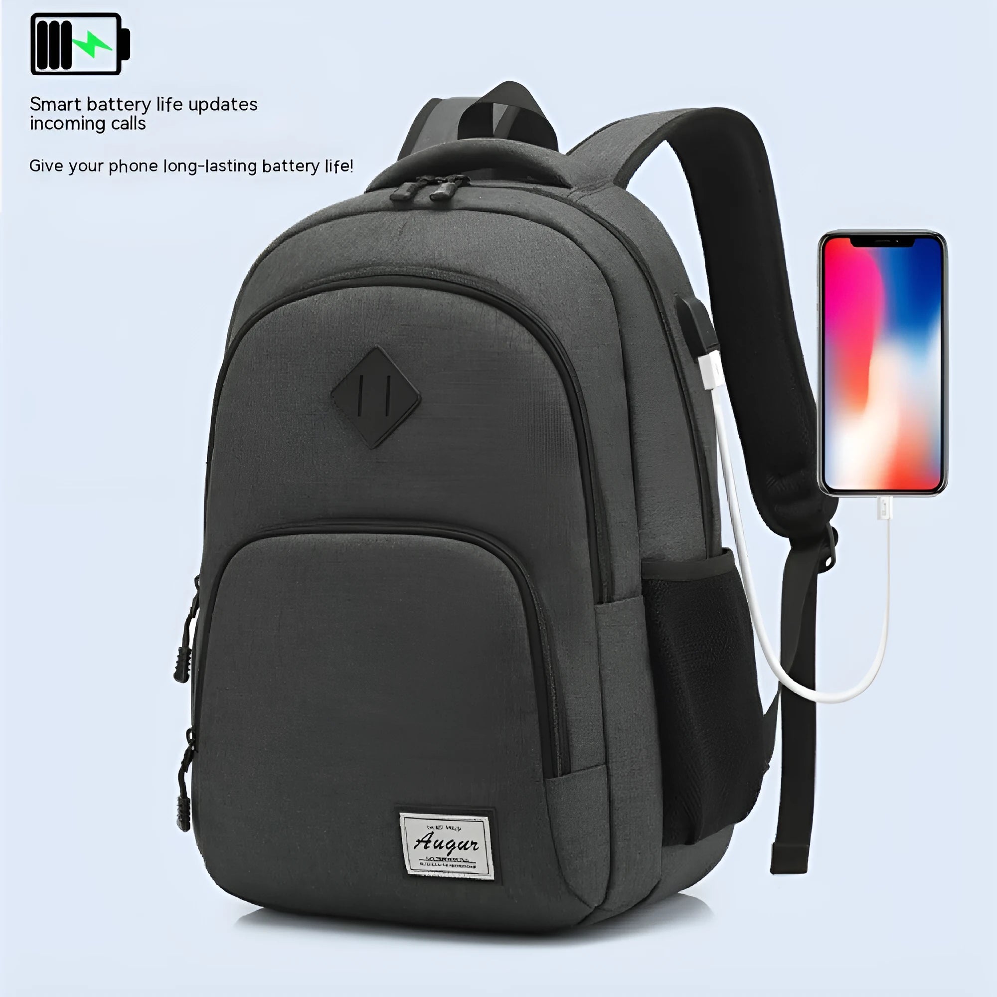 Black nylon backpack with USB charging port and trolley case straps